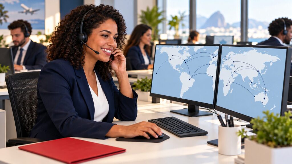 Consultora de viagens corporativas com headset atende cliente ao telefone em frente a monitores com mapas de rotas