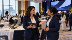 Produtora de eventos com tablet conversa com coordenador do hotel em salão de convenção sendo montado