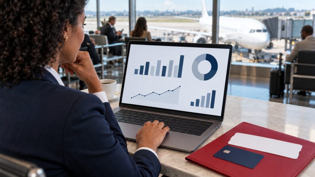 Executiva analisa gráficos de gastos com viagens no notebook em sala de embarque de aeroporto
