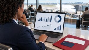 Executiva analisa gráficos de gastos com viagens no notebook em sala de embarque de aeroporto