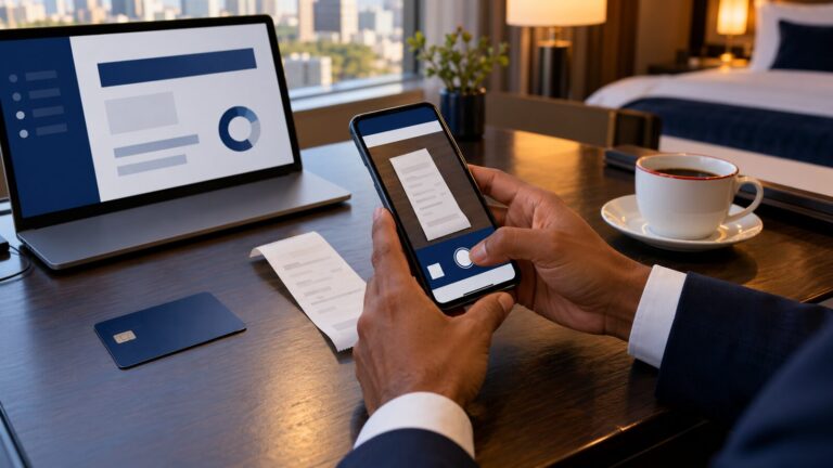 Viajante a trabalho fotografa recibo de restaurante com o celular em mesa de hotel ao lado do notebook