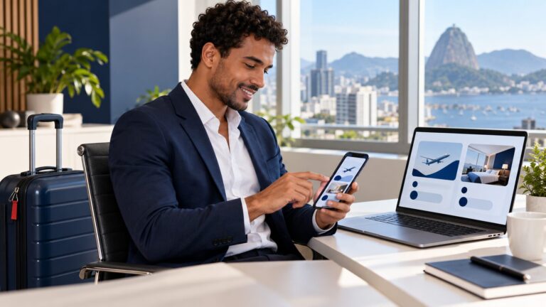 Profissional reserva viagem a trabalho pelo celular em mesa de escritório com notebook e mala de mão